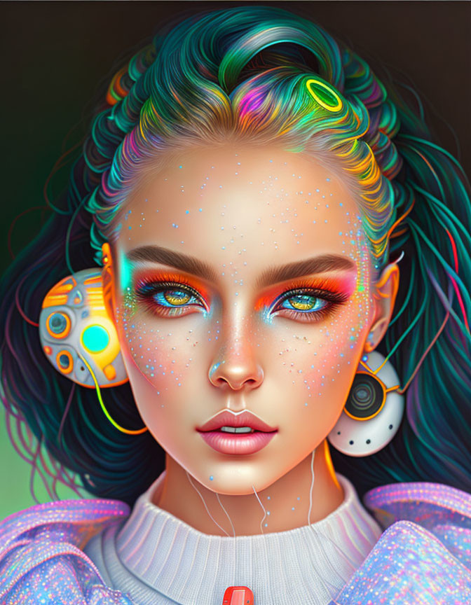 Colorful digital artwork of woman with rainbow hair and futuristic headphones on muted backdrop