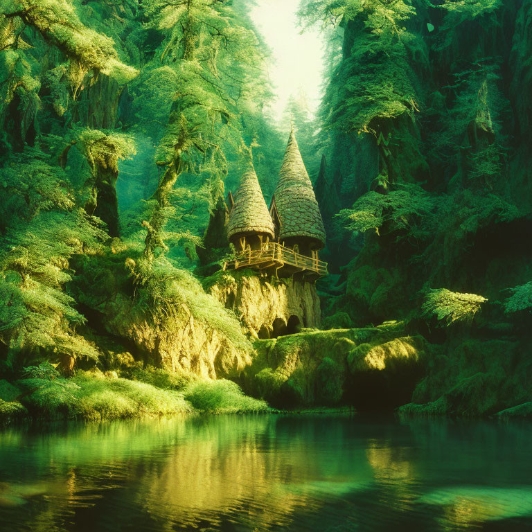 Forest scene with sunlight, mystical cottage, and serene pond