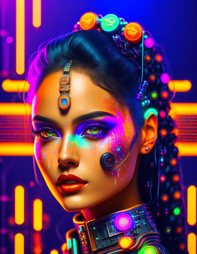 Colorful Cyberpunk Portrait of Woman with Neon Makeup and Futuristic Accessories