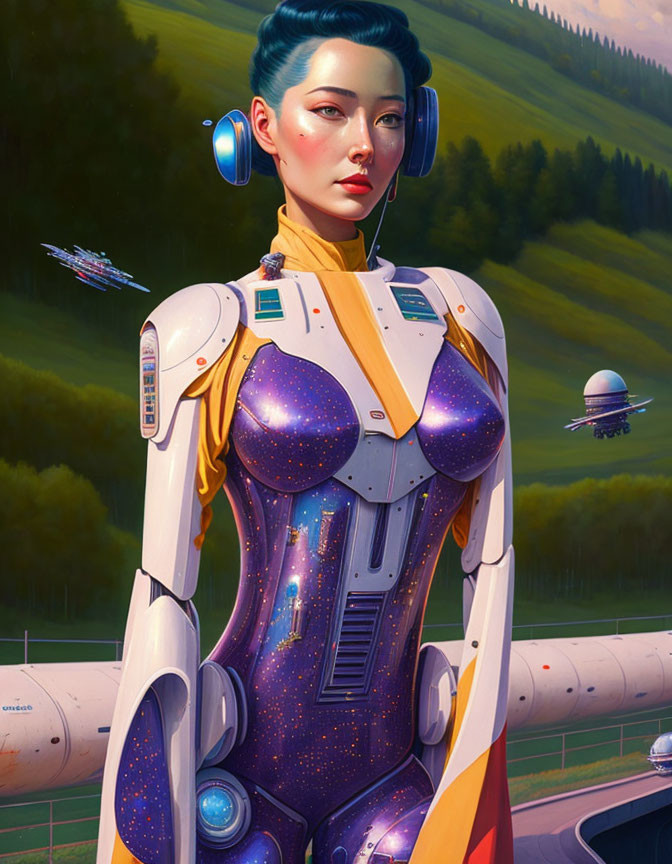 Female android with space-themed torso and headphones in futuristic setting.