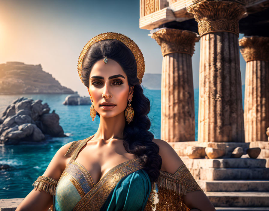 Traditional Indian Attire Woman near Ancient Greek Columns by Serene Sea