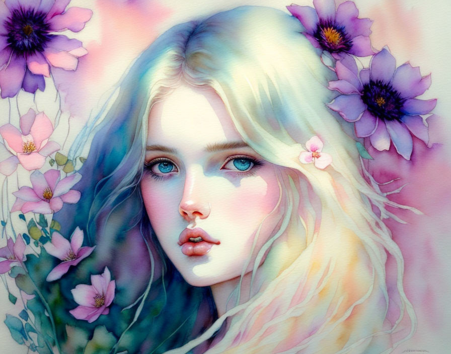 Portrait of young woman with pale skin, blue eyes, blonde hair, and purple flowers