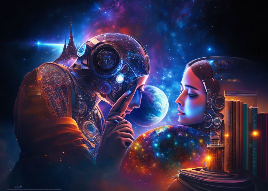 Colorful artwork featuring human-like robot and woman with cosmic elements and surreal architecture.