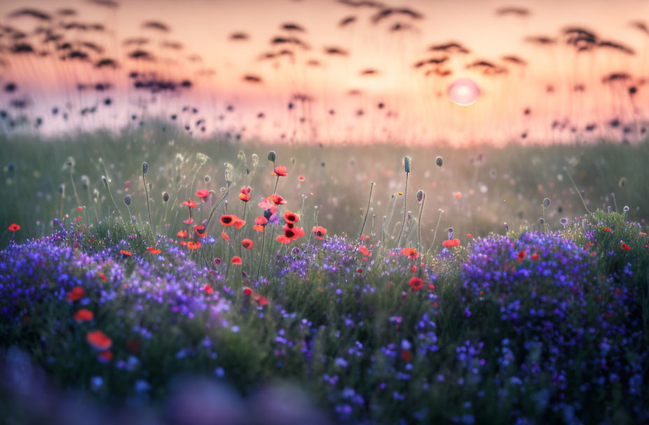 Tranquil sunrise meadow with red poppies and purple wildflowers