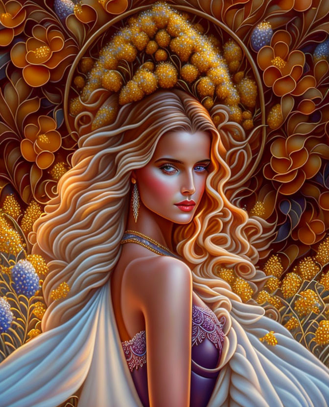 Illustrated portrait of woman with long hair and blue eyes on golden floral background