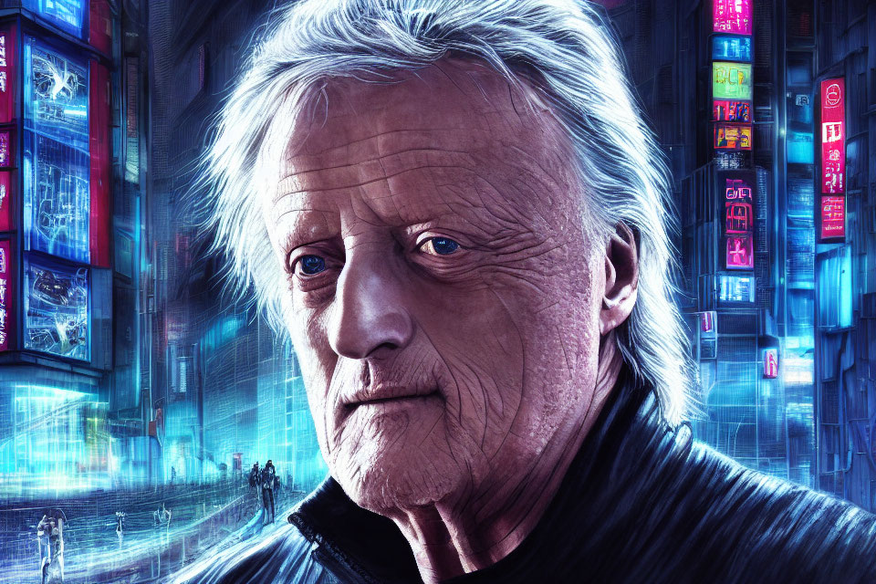 Elderly man with intense eyes in cyberpunk setting