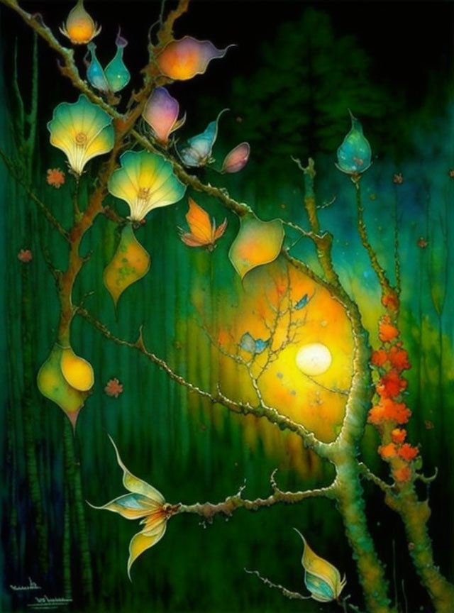 Colorful Tree Painting with Glowing Leaves and Butterflies in Dark Forest Setting