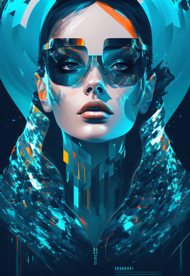 Abstract Futuristic Female Portrait with Stylish Glasses and Sci-Fi Cityscape