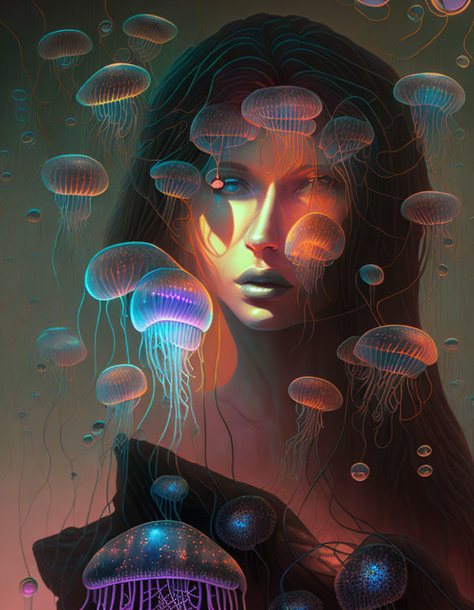 Glowing jellyfish surround woman in neon colors