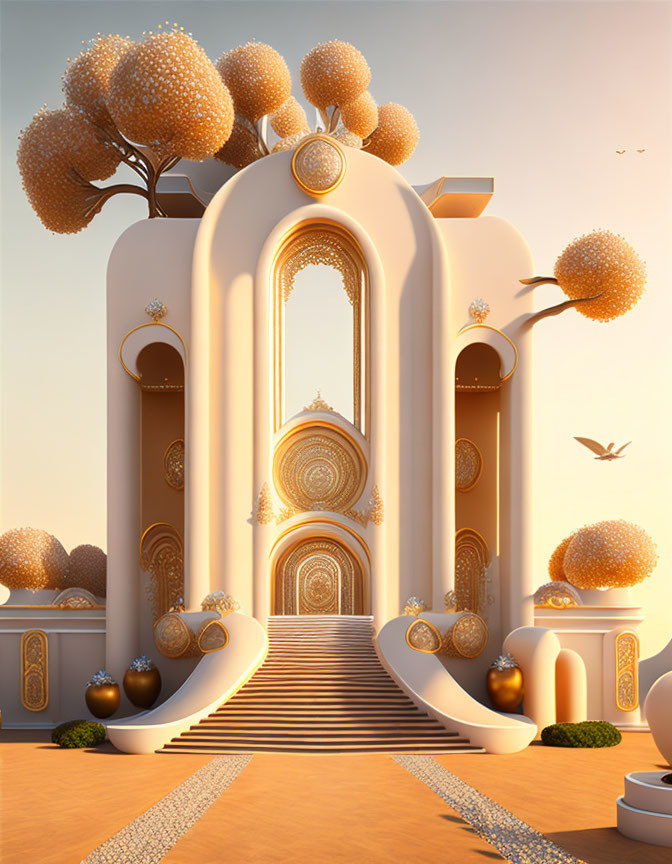 Ornate Golden Doors and Tree Designs in Fantasy Architecture