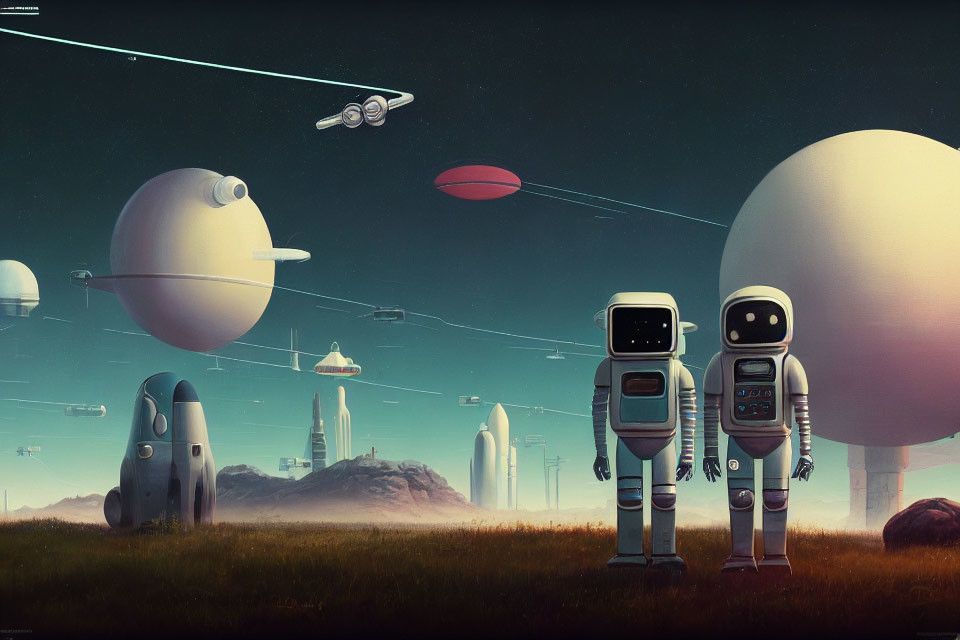 Retro-futuristic robots in surreal landscape with floating cities