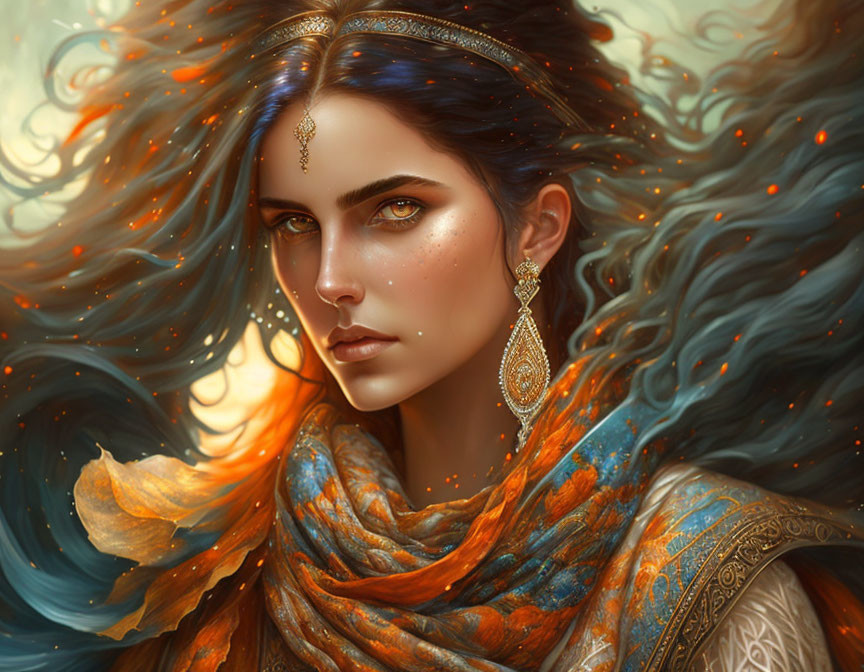 Fantasy portrait of woman with blue hair, green eyes, gold jewelry, and colorful scarf