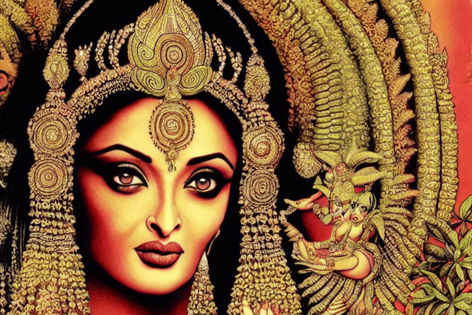 Detailed Indian Goddess Artwork with Gold Jewelry on Red Background