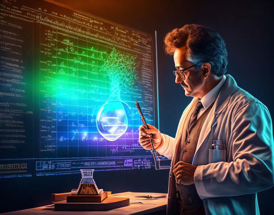 Scientist analyzing glowing orb in futuristic digital setting