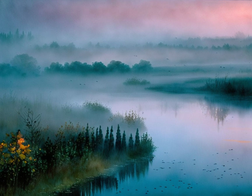 Tranquil Misty Landscape with Pink Sky and Calm Lake