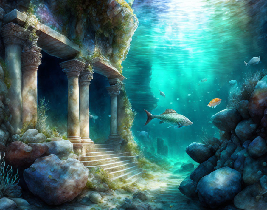 Sunbeams on ancient underwater structure with marine life