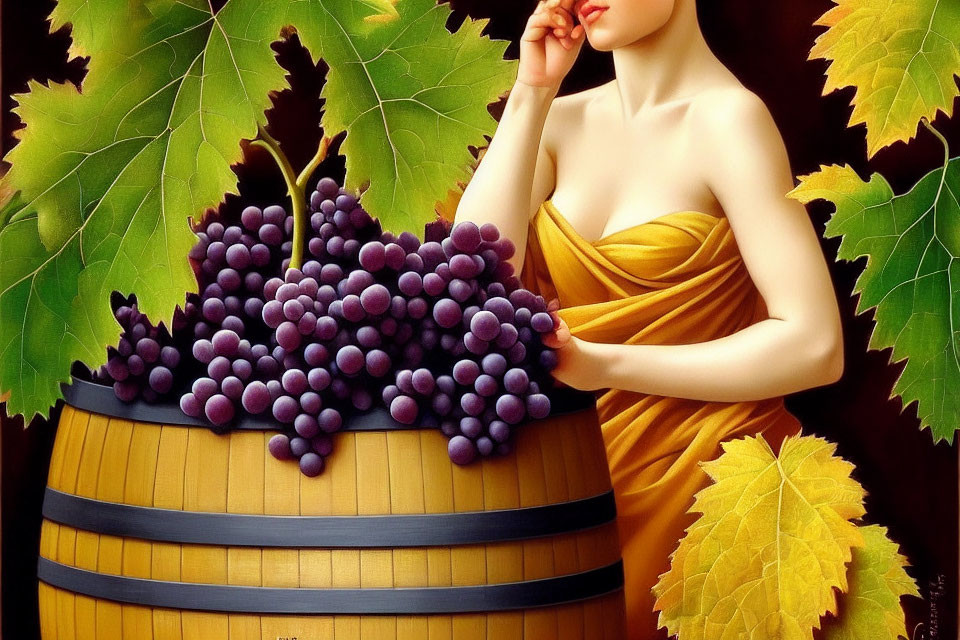 Person in yellow garment near wooden barrel and grapes in painting.