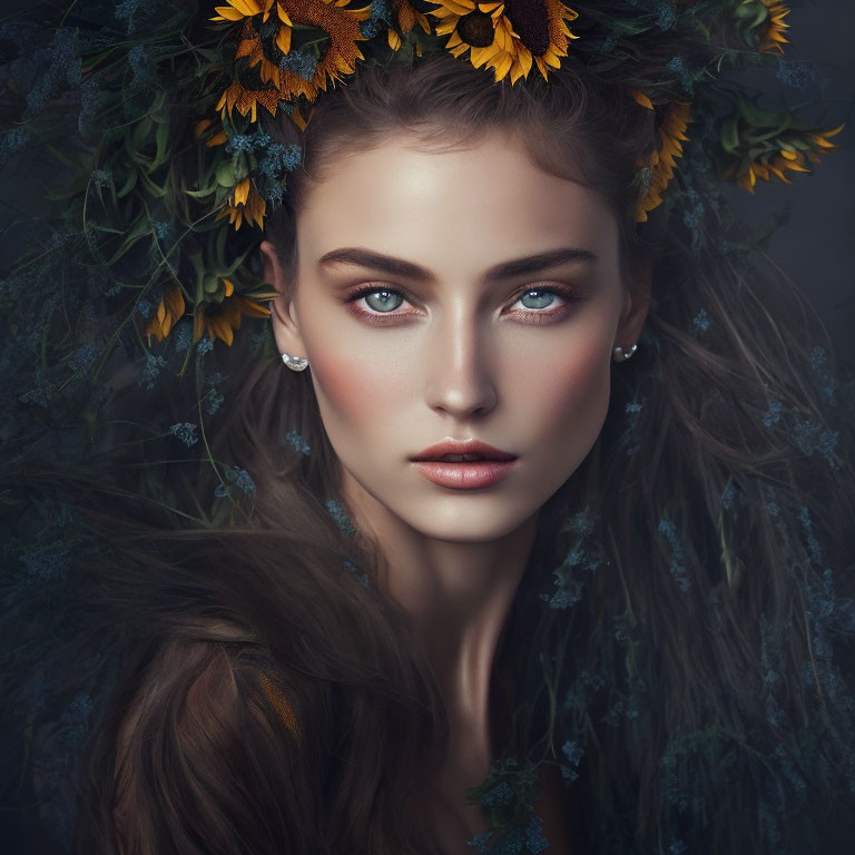 Woman with Sunflower Floral Headdress and Dramatic Makeup