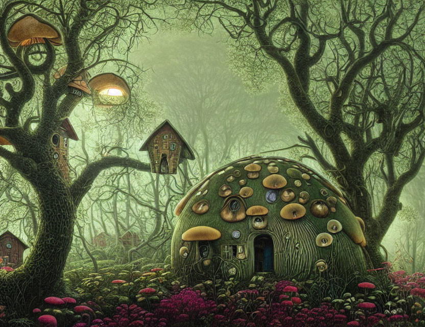 Enchanting forest scene with mushroom house and vibrant flora