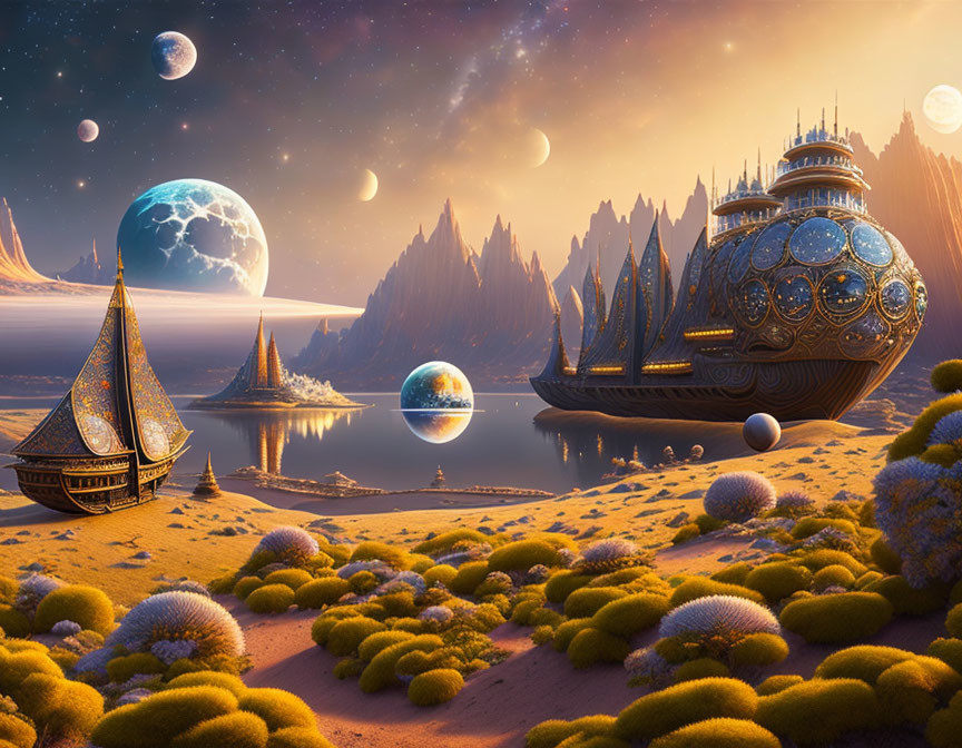 Fantastical landscape with ornate ship-like structures on arid terrain