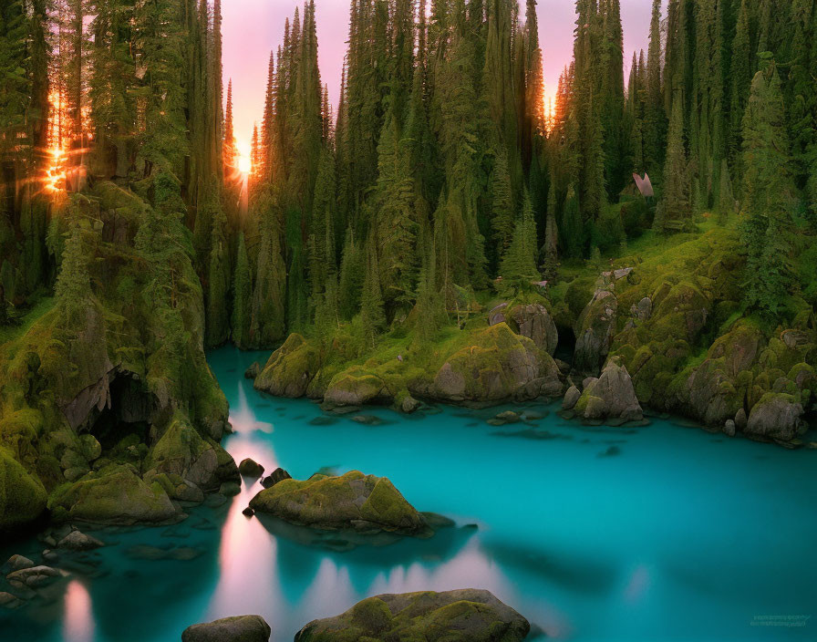 Tranquil forest scene at twilight with turquoise river and moss-covered rocks