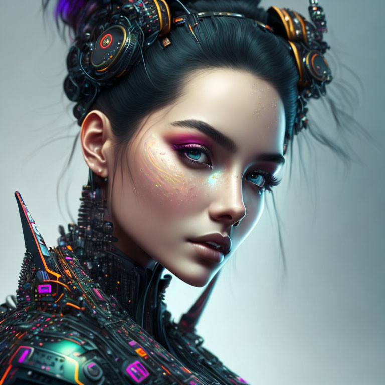 Portrait of woman with cybernetic enhancements and futuristic gear