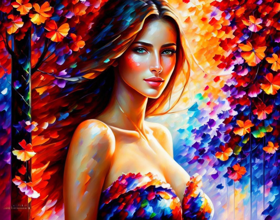 Colorful painting of woman with striking eyes and vibrant flowers in the background