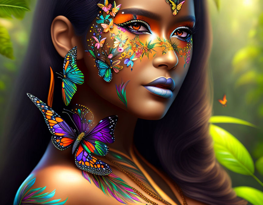 Colorful digital artwork: Woman with butterfly and floral face paint, tropical backdrop