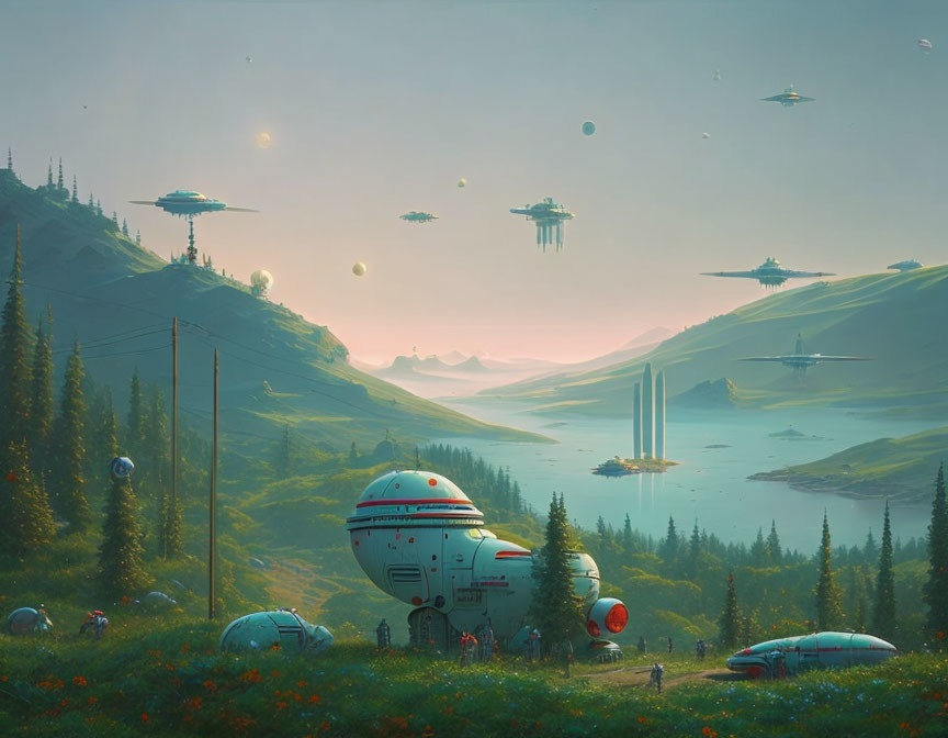 Futuristic landscape with lush greenery, flying vehicles, and advanced structures amid rolling hills