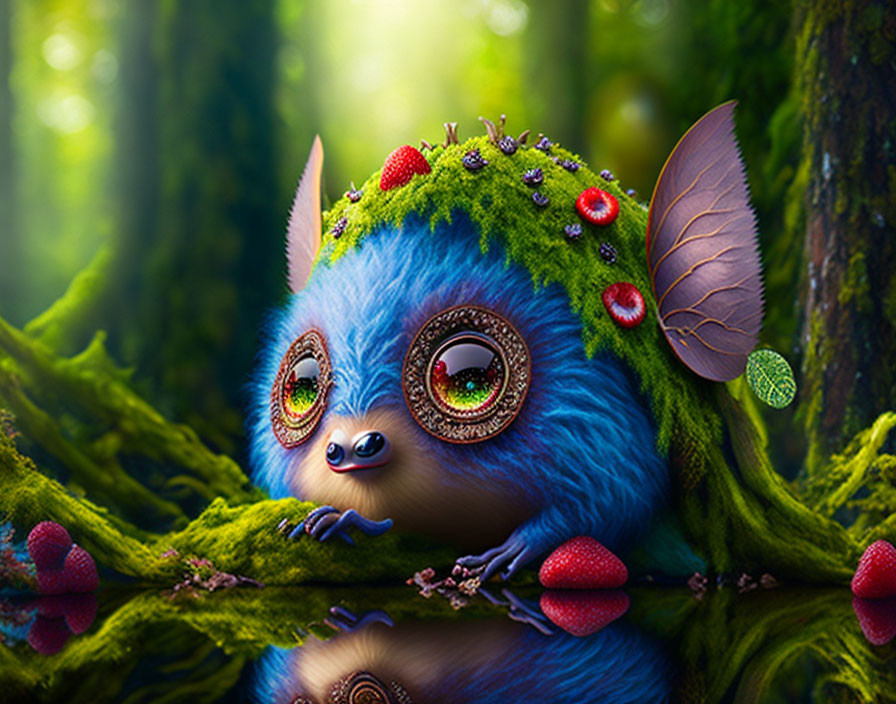 Blue-furred creature with leafy wings among red berries in mossy forest