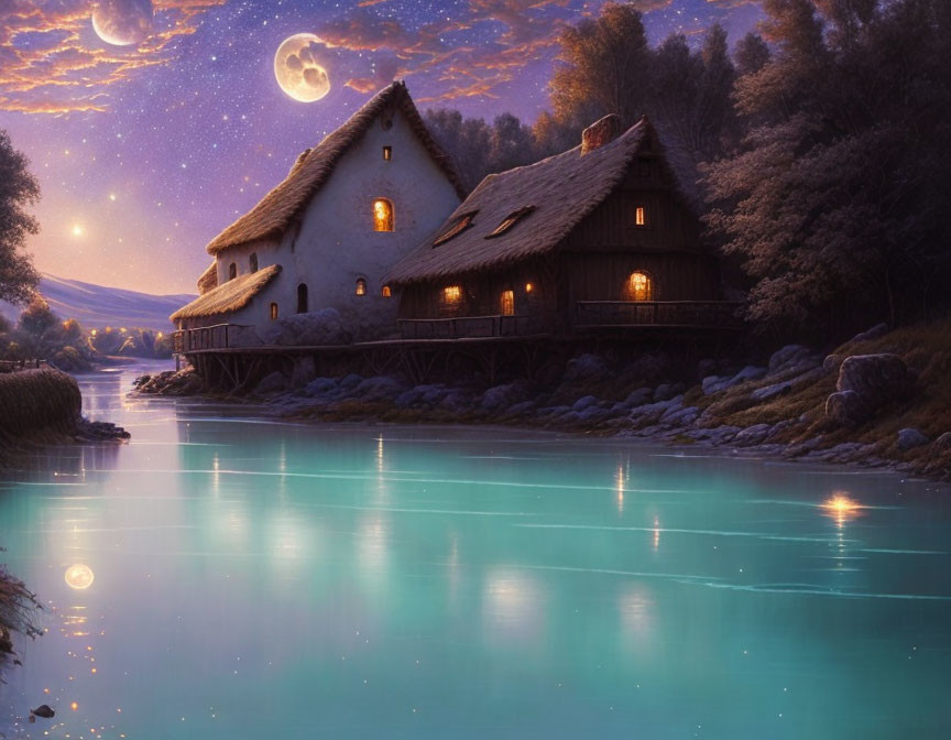 Riverside Thatched Cottage with Twin Moons at Dusk