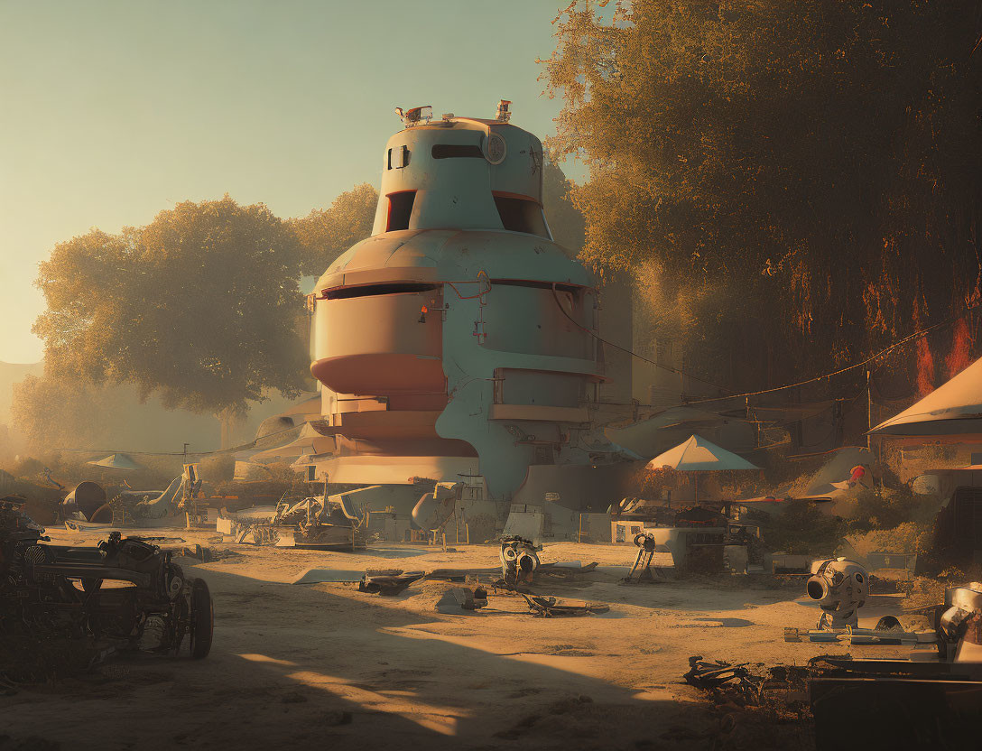 Retro-futuristic spaceship in warm, golden-lit camp