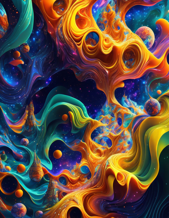 Colorful Abstract Cosmic Scene with Swirling Patterns and Celestial Bodies