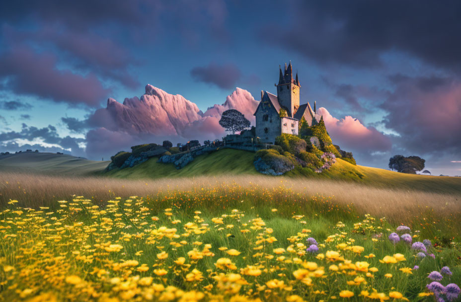 Medieval castle on hill with wildflowers and dramatic clouds at dusk