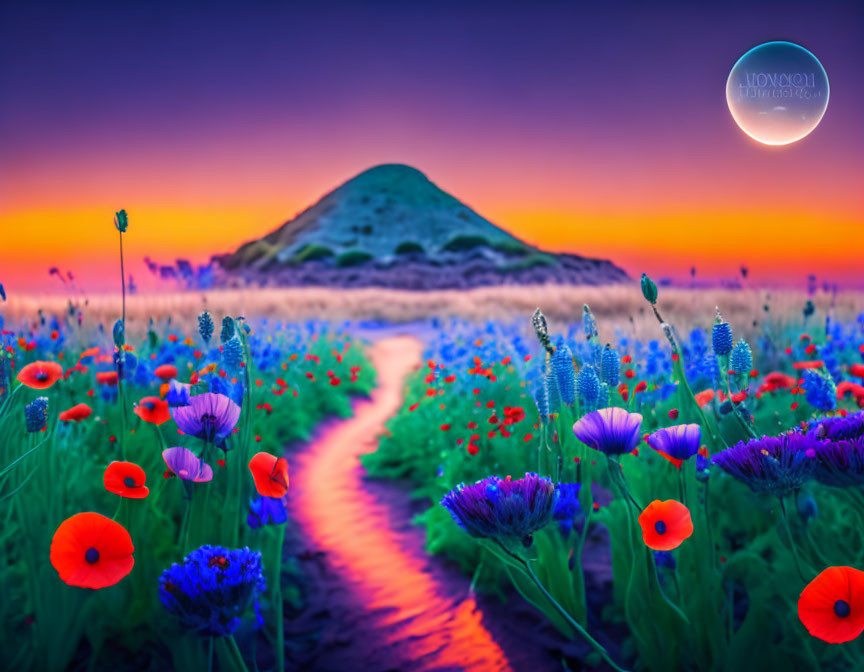 Colorful sunset over field of flowers and winding path