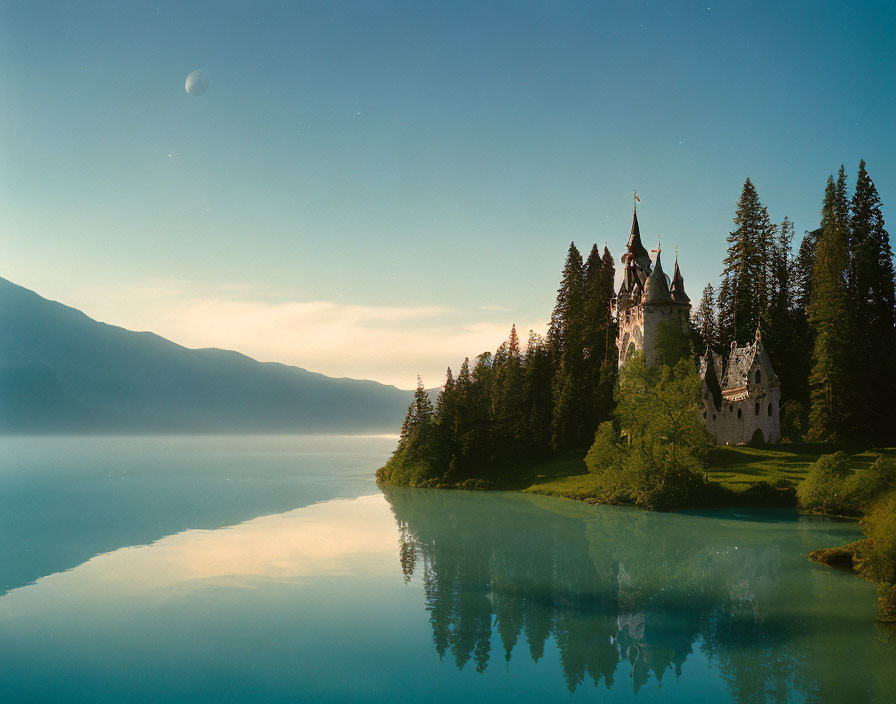 Lakeside twilight: castle, trees, moonlit sky