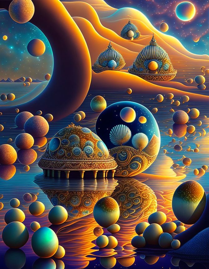 Surreal landscape with dome-like structures and floating spheres on watery surface