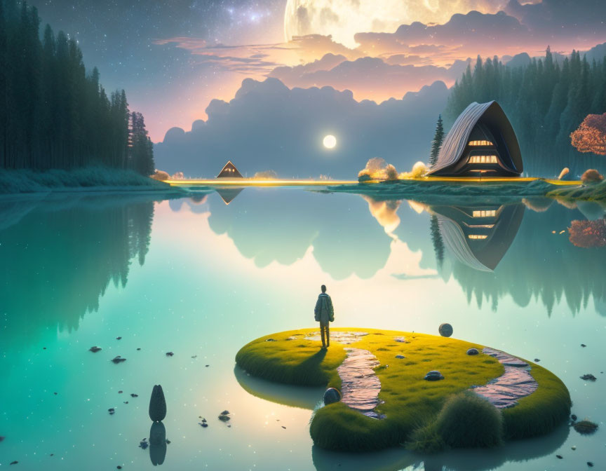 Person standing on moss-covered floating islands under starry sky near futuristic cabins by tranquil water and forest.