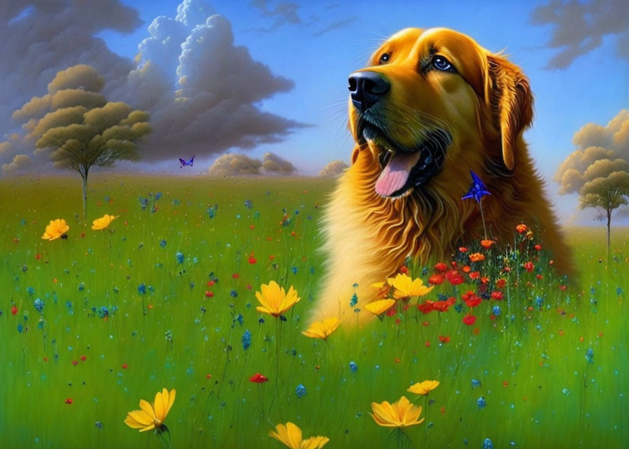 Golden Retriever in Vibrant Meadow with Yellow Flowers and Butterflies