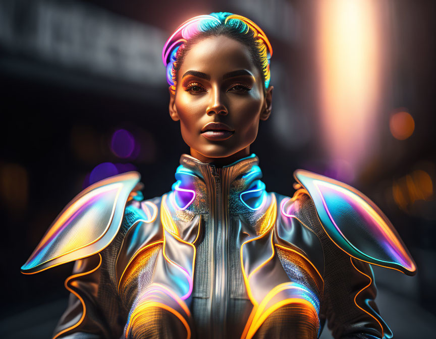 Futuristic woman portrait with neon makeup and urban backdrop