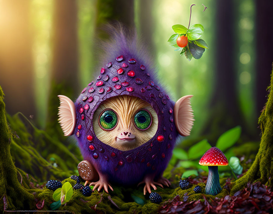 Whimsical creature with large eyes and ears in magical forest