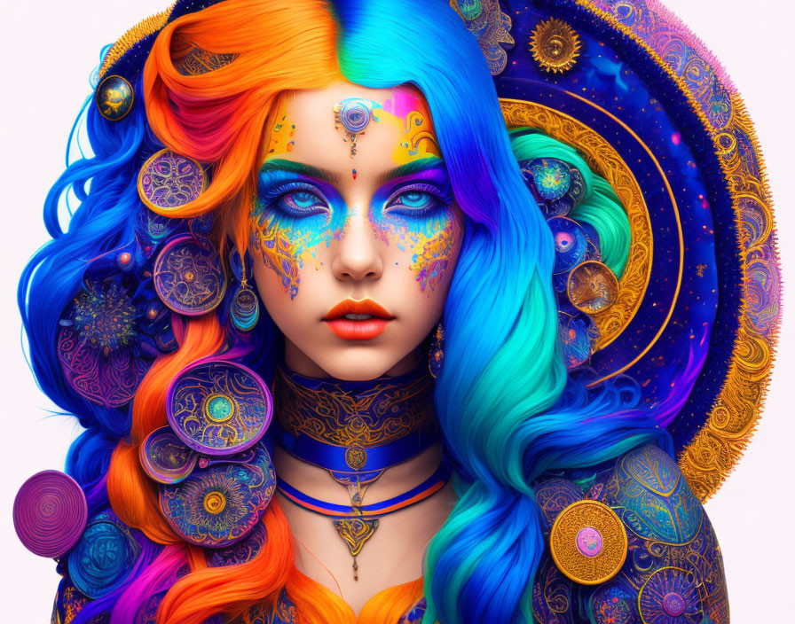 Colorful character with rainbow hair and mandala patterns