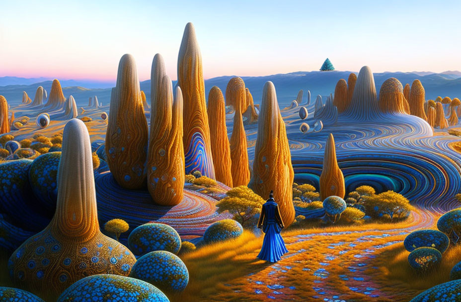 Person in Blue Cloak in Surreal Landscape with Striped Terrain