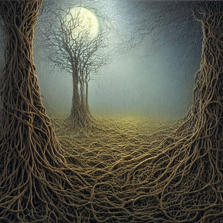 Mystical forest scene with gnarled trees and moonlit background