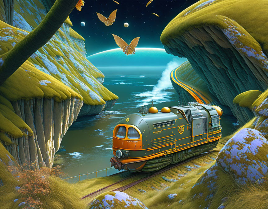 Train travels coastal track with hovering butterfly-like creatures in vibrant alien landscape under celestial night sky