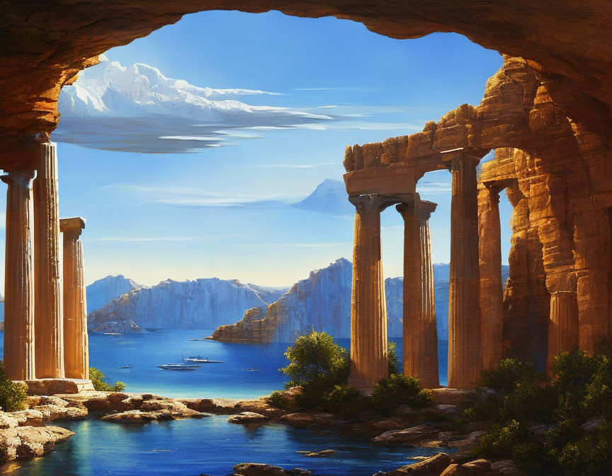 Tranquil seascape with ancient pillars, stone archway, cliffs, and boats