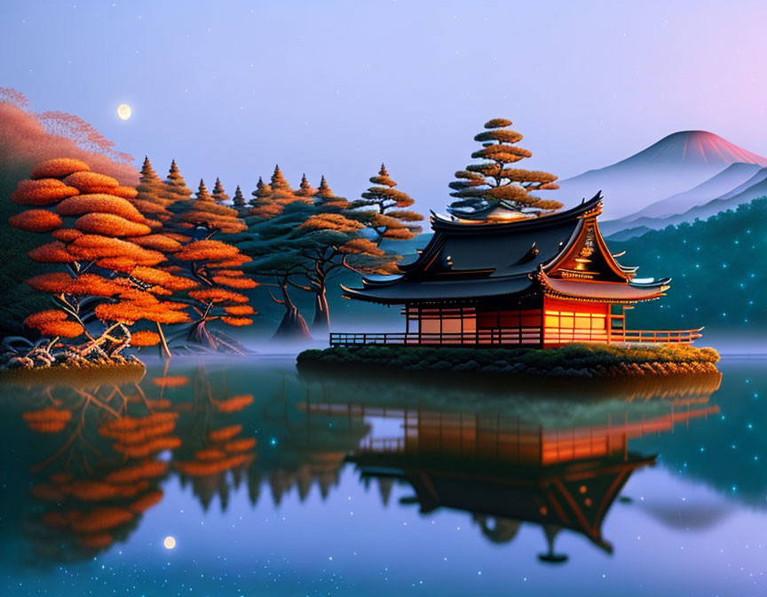 Autumnal Japanese shrine landscape with lake, mist, and mountains