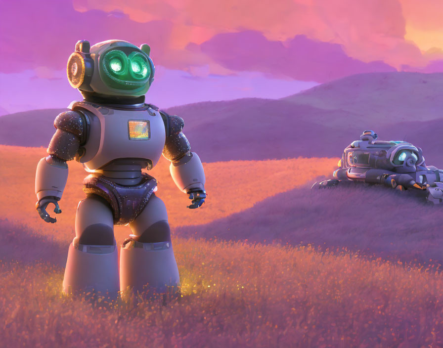 Glowing-eyed robots on purple hill at sunset