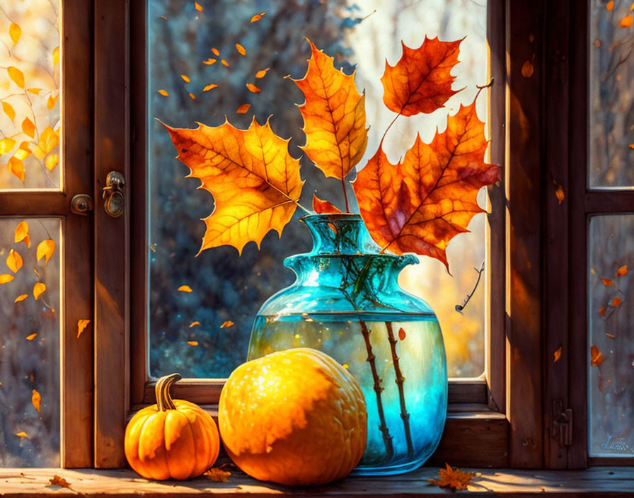 Autumn leaves, pumpkin, and forest scene on windowsill