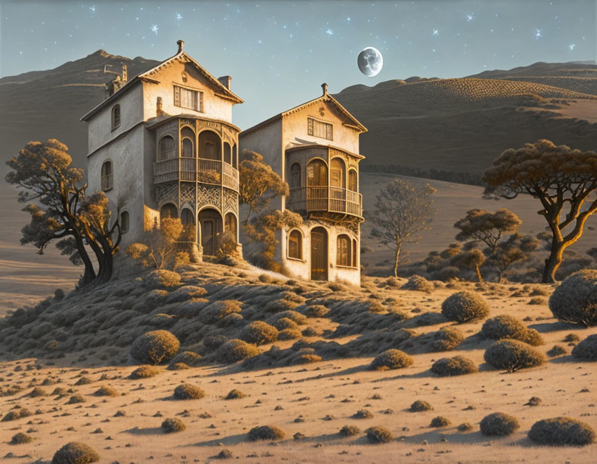 Old Twin-Towered Villa on Hill with Moonlit Sky